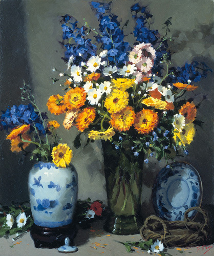 Calendulas and Chinese Vase by Pat Moran