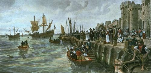 Sailing of the Mayflower 1620 Restrike Etching by Forestier