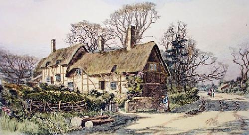 Ann Hathaways Cottage small Restrike Etching by Wilfred Ball