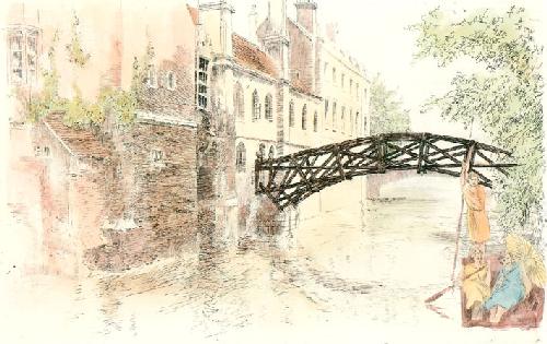 Cambridge View Queens College Restrike Etching by Anonymous