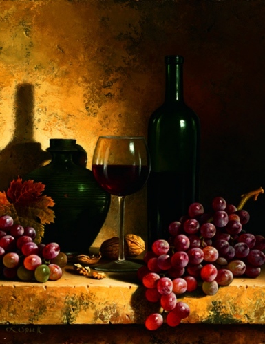 Wine Bottle Grapes and Walnuts by Loran Speck