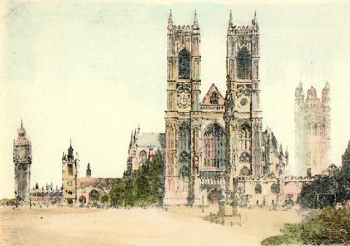 Westminster Abbey and Parliament Restrike Etching by Alfred Dawson