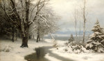 A Wooded Winter Landscape With A Stream And A Lake Beyond, 1889 giclee art print