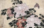 Pink And Red Peonies Blown To The Left In A Breeze And A Butterfly giclee art print