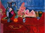 Statuetta rosa a bricco su cassettone rosso art print