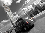 Taxi on road with big ben in background, London giclee art print
