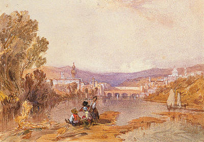 Figures beside the arno near Florence art print by Alfred Vickers