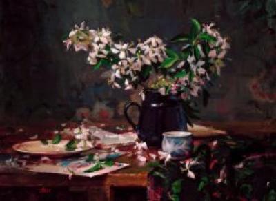 Apple Blossoms and Tapestry art print by Del Gish
