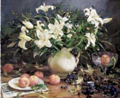 Lilies and Peaches art print by Del Gish