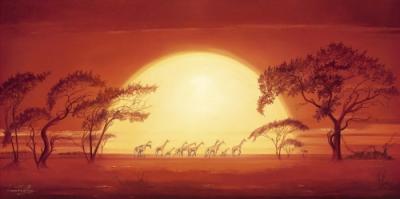 Sunrise with Giraffes art print by Leon Wells