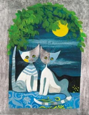 Cat couple at full moon art print by Rosina Wachtmeister