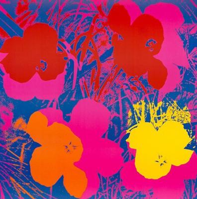Flowers, 1970 (red, yellow, orange on blue) art print by Andy Warhol