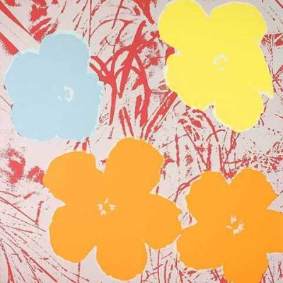 Flowers (Beige, Blue, Yellow on Pink) art print by Andy Warhol