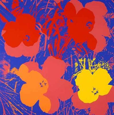 Flowers (Yellow, Orange, Red with Pink on Blue) art print by Andy Warhol