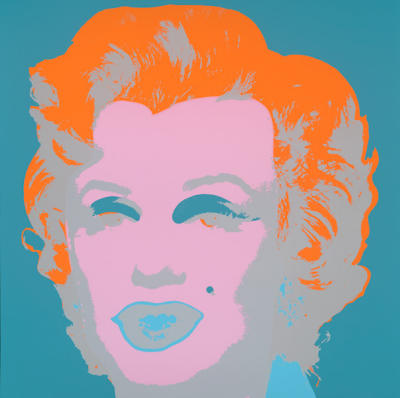 Marilyn (Silver and Orange on Turqoise) art print by Andy Warhol