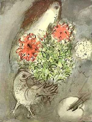 Frau, Blumen und Vogel art print by Marc Chagall