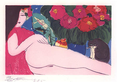 Liegende Frau mit Katze art print by Walasse Ting