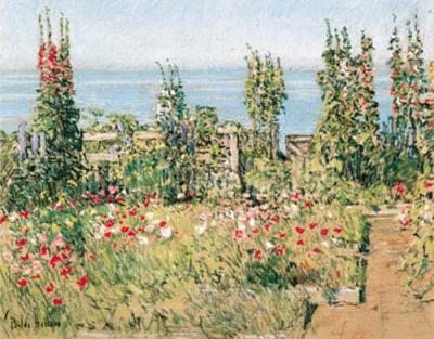 Hollyhocks, Isle of Shoals art print by Childe Hassam