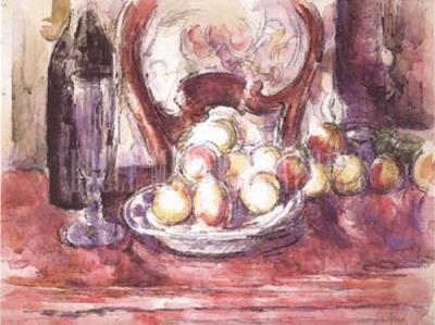 Apples, Bottle, and Chair Back art print by Paul Cezanne