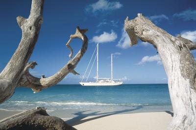 Yacht at Anchor, Caribbean art print by Alexis Andrews