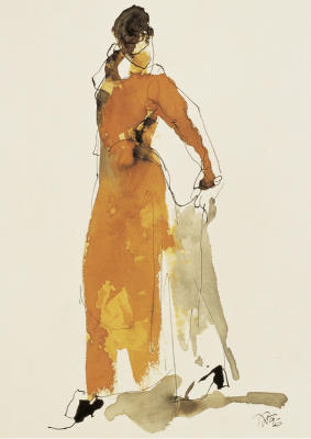 Figur in orangefarbigem Kleid art print by Karin Voelker
