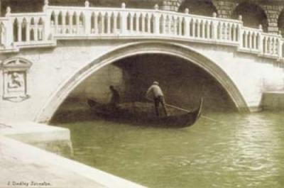 Gondola going under a bridge art print by Anonymous