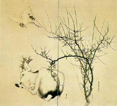 Deer And Stork art print by Goshun & Ganko Toyo