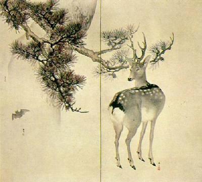 Deer, Pine And Bat art print by Keibun Toyohiko