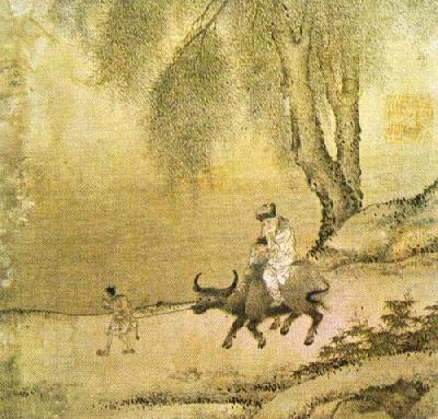 Man And Child On Buffalo art print by Li T'ang