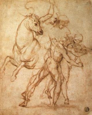 Guerriero a cavallo che combatte con due nudi in piedi art print by Raphael