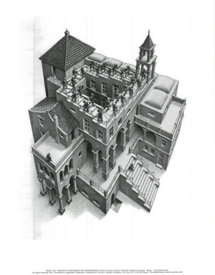 Ascending and Descending art print by M.C. Escher