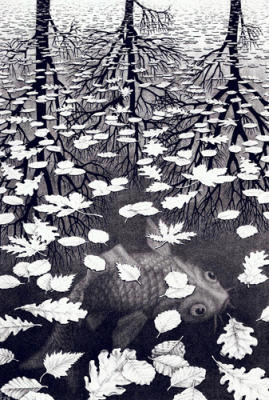 Three Worlds art print by M.C. Escher