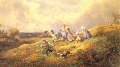 Children Running Down A Hill art print by Myles Birket Foster