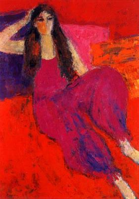 Fatima au Saroual Rose art print by Bernard Cathelin