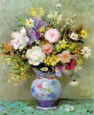 Iris Peonies In A Blue Tin art print by Marcel Dyf