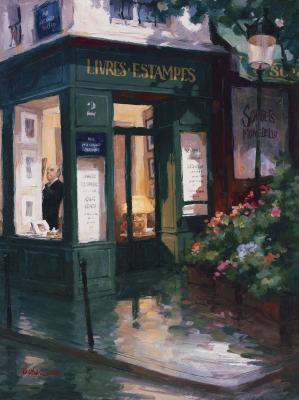 Bookshop By Lamplight, Paris art print by George Botich