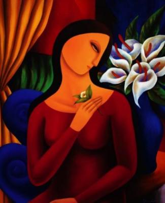 Woman with calla lilies art print by Naoko