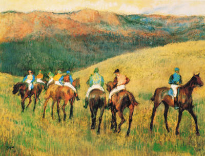 Racehorses in a landscape art print by Edgar Degas