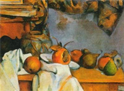 Wrapped up in straw vase and plate with fruit art print by Paul Cezanne