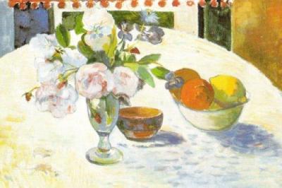 Flowers and a Bowl of Fruit on a Table art print by Paul Gauguin
