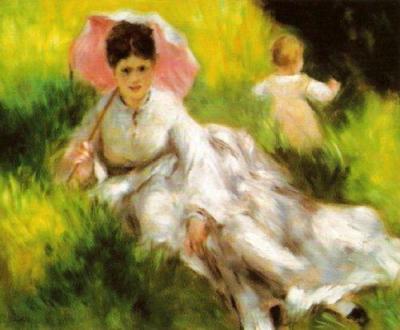 Woman with a Parasol and a small child art print by Pierre Auguste Renoir