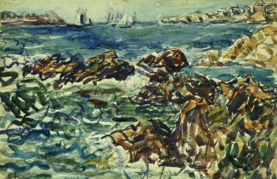 Rocky Cove With Village And Sketch Of Rocks
