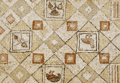 Late Roman, Large Geometric Mosaic Panel With Birds And Flowers, Circa 4th Century AD.