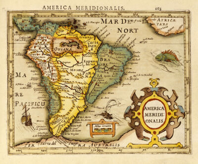 Hand Colored Engraved Map Of South America. Atlas Minor, 1610.
