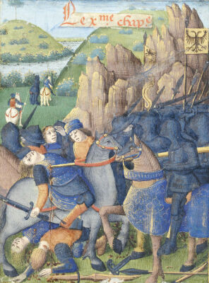 Death Of Postumus At The Hands Of The Boii. 'Li Fait Des Romains', Illuminated Miniature On Vellum In Gold And Colors. Ca.1480.