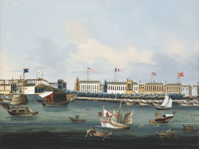 View Of The Waterfront At Canton With American, Dutch And British Factories, 1850.
