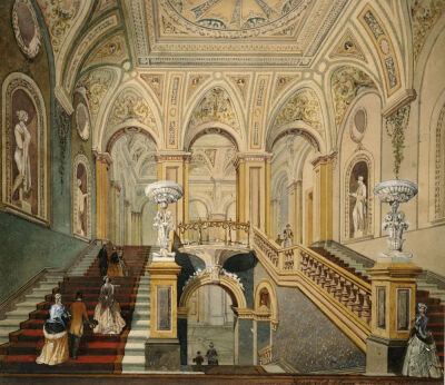 Interior Views Of The Conservative Club: Entrance Hall And Grand Staircase, 1845