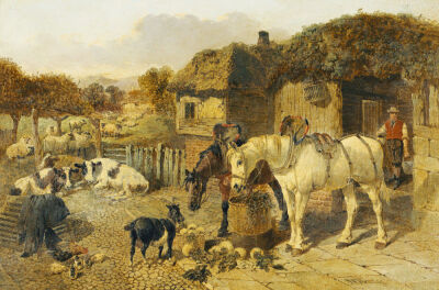 A Farmyard Scene With Plough Horses, Ducks, Cows, Etc