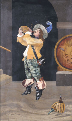 An Italian Pietra Dura Panel Of A Cavalier In A Wine Cellar