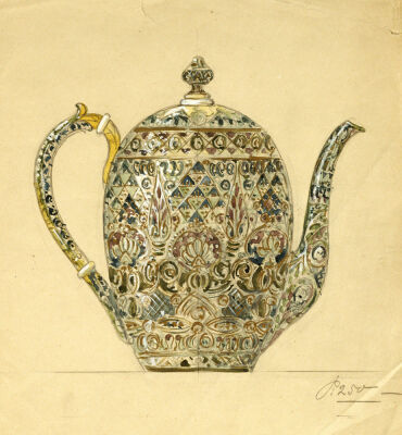 Design For An Ovoid Silver-Gilt Cloisonne Enamel Coffee Pot